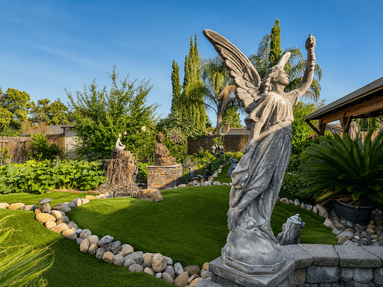 Angel statue with lush backyard garden at The Oaks at Garfield