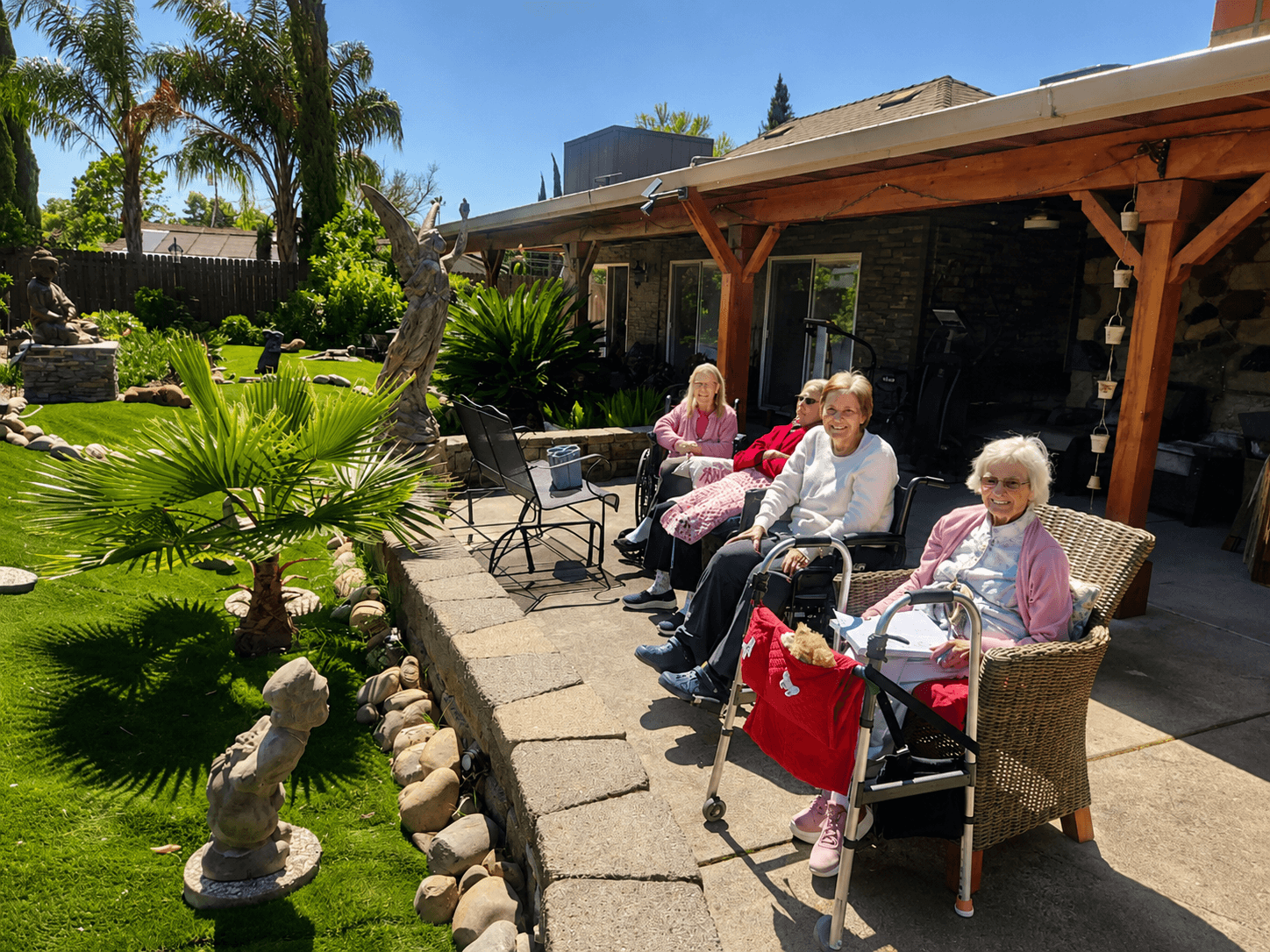 Residents enjoying sunny outdoor time at The Oaks at Garfield Carmichael CA