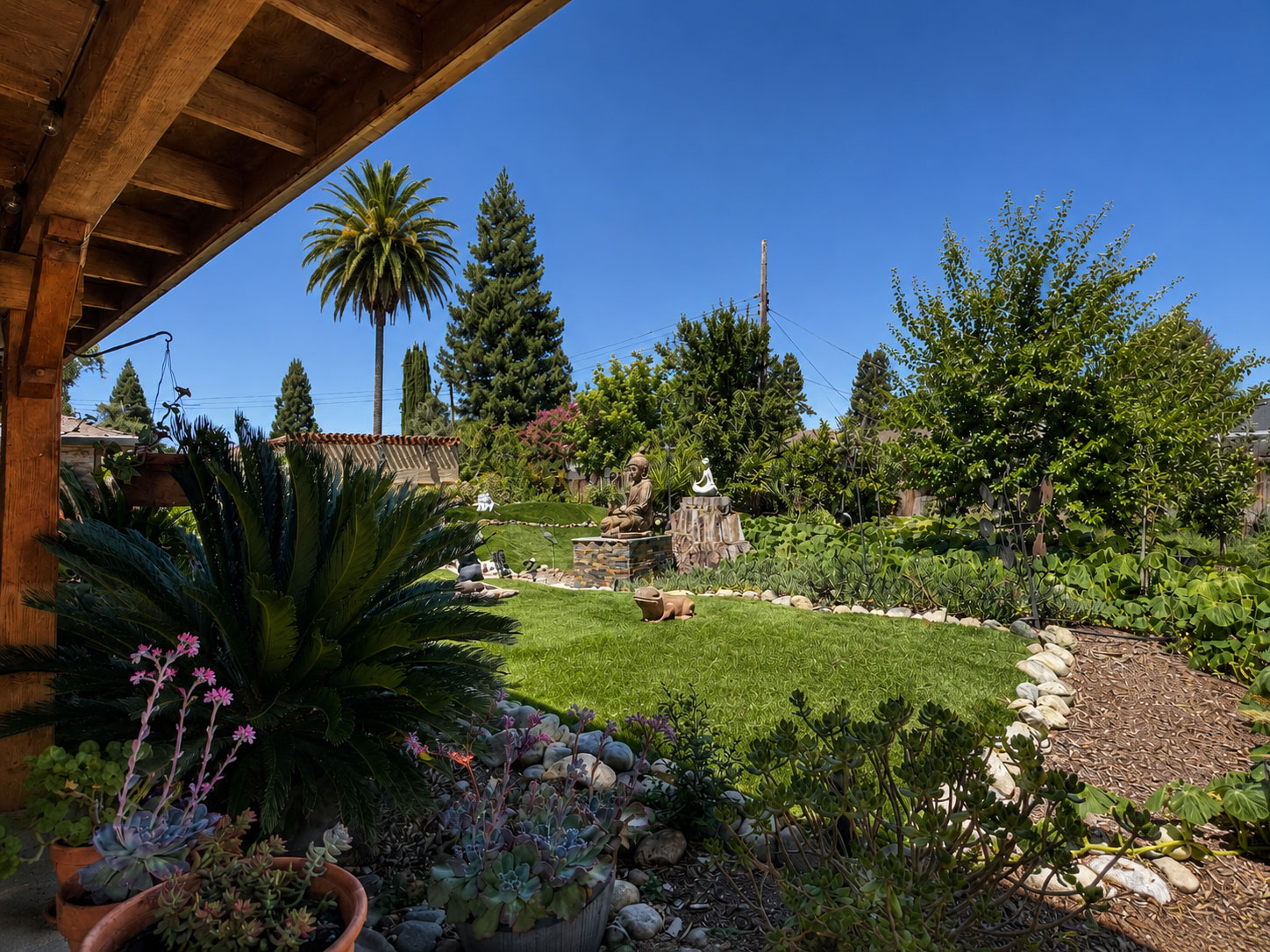 Courtyard garden with rock features and lush greenery
